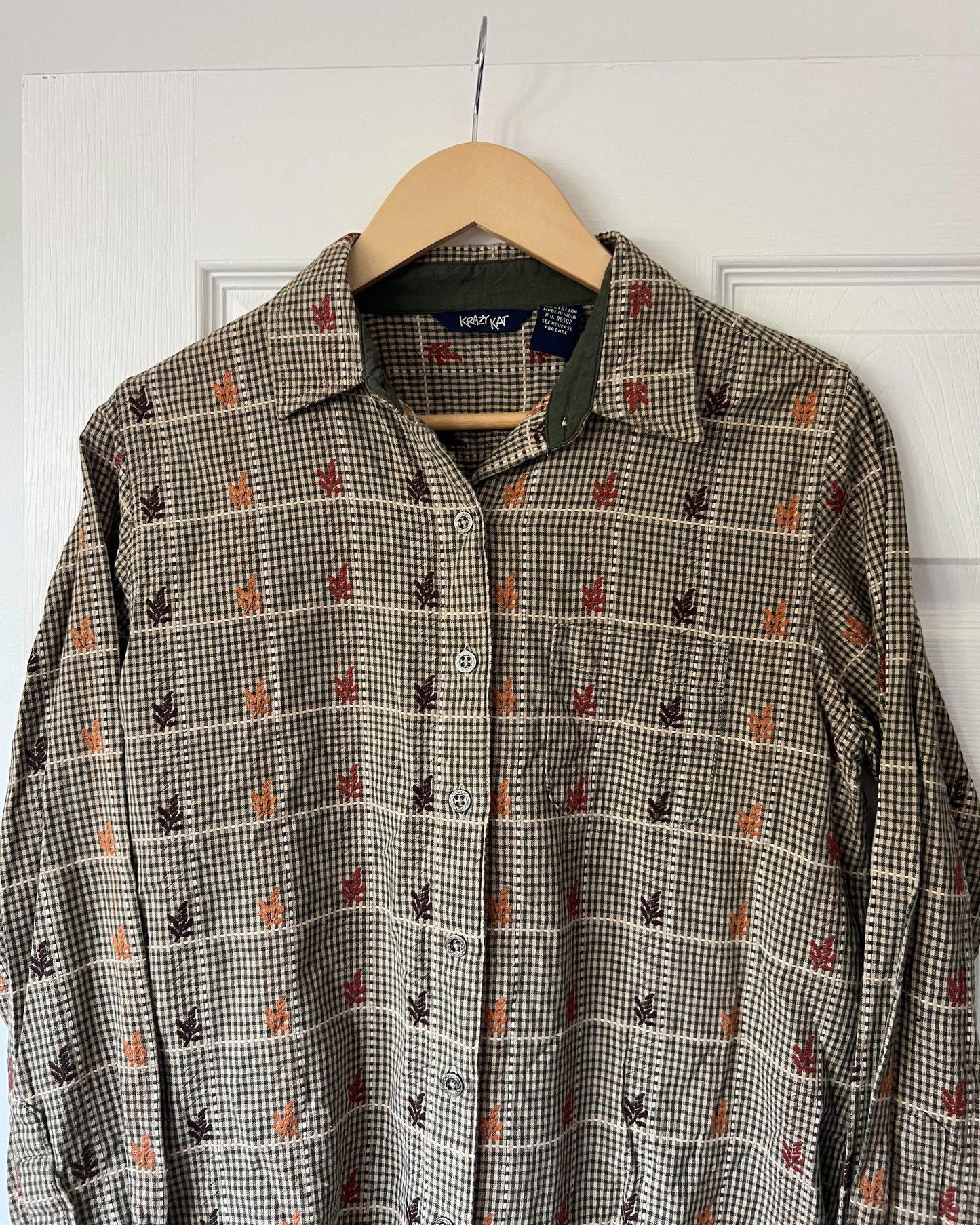 Leaf Embroidered Gingham Button Up Shirt
