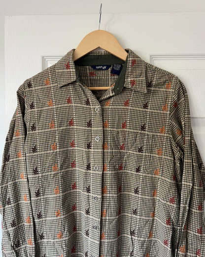 Leaf Embroidered Gingham Button Up Shirt