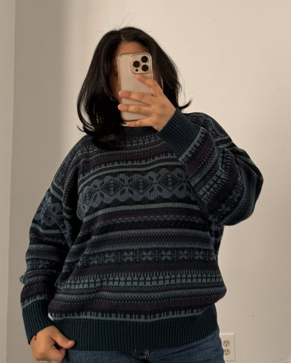 Blue Multi Patterned Knitted Sweater