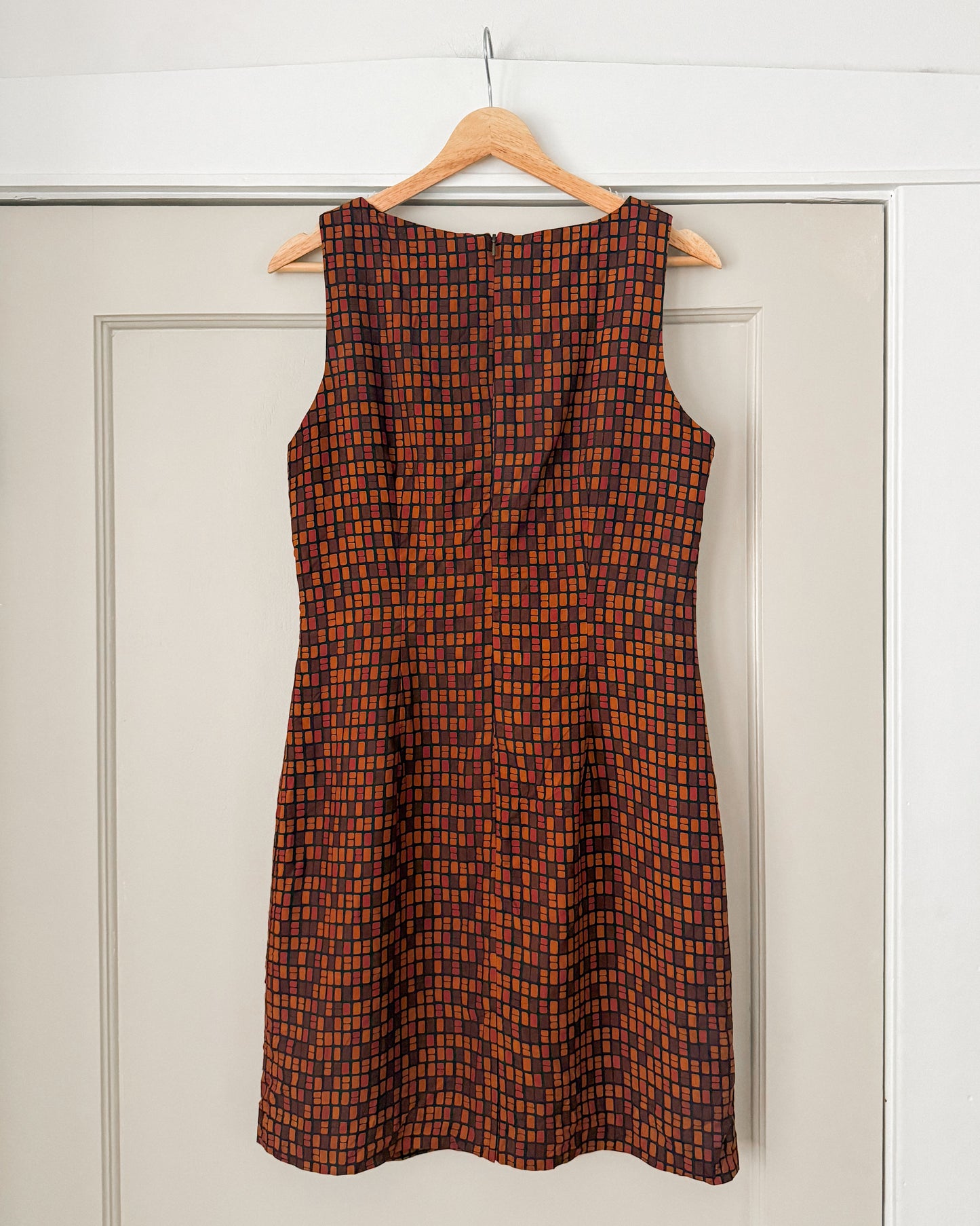 Vintage Silk Geometric Grid Dress