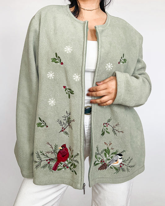 Green Embroidered Fleece Jacket