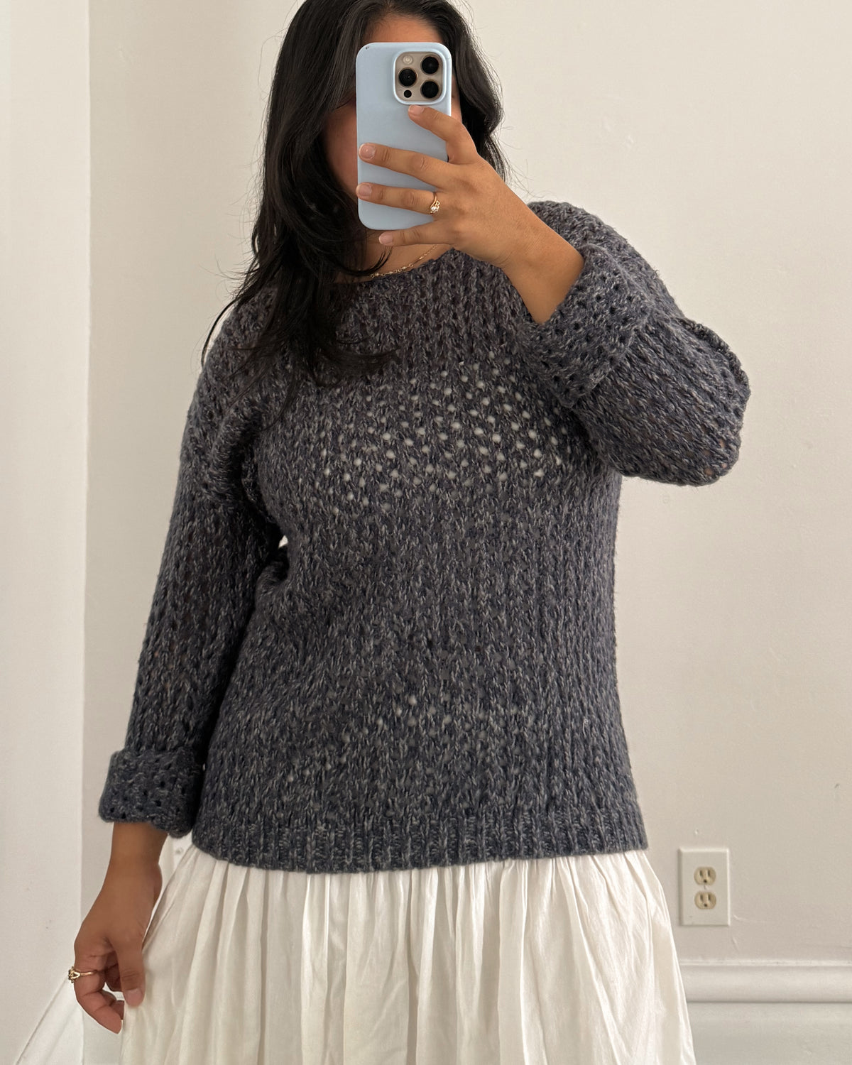 Blue Crochet Quarter Sleeve Sweater