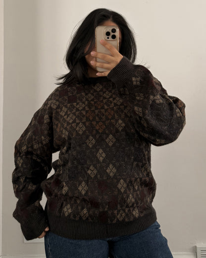 Vintage Diamond Patterned Knitted Sweater