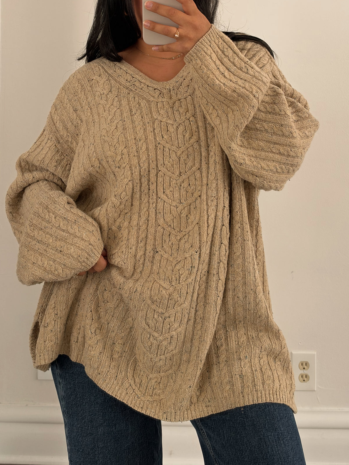 Oatmeal Beige Cable Knit V Neck Sweater