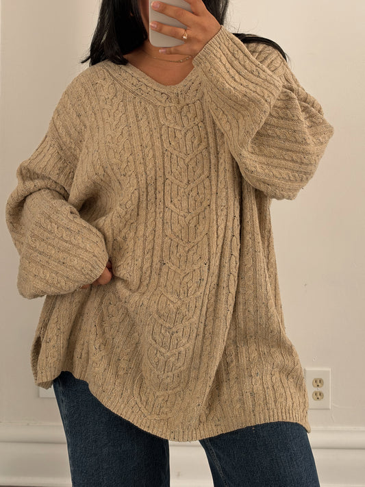 Oatmeal Beige Cable Knit V Neck Sweater