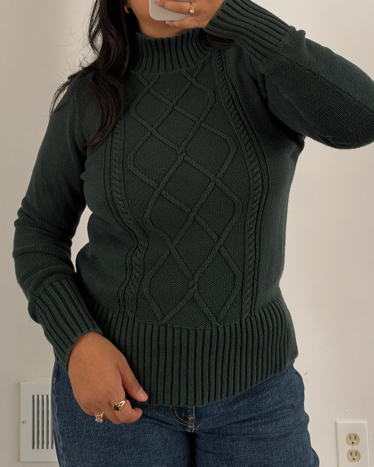 Green Mock Neck Knitted Sweater
