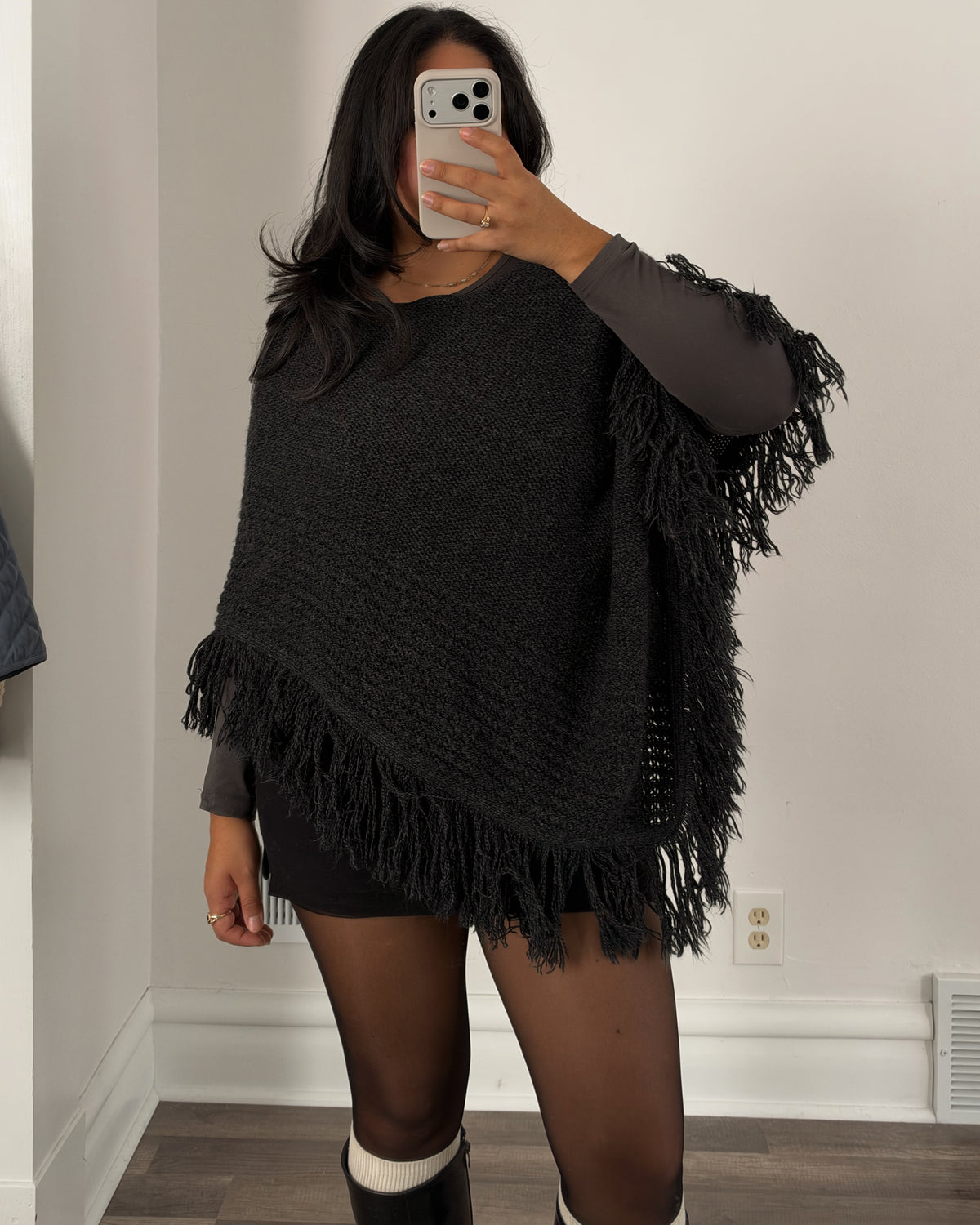 Charcoal Fringe Poncho
