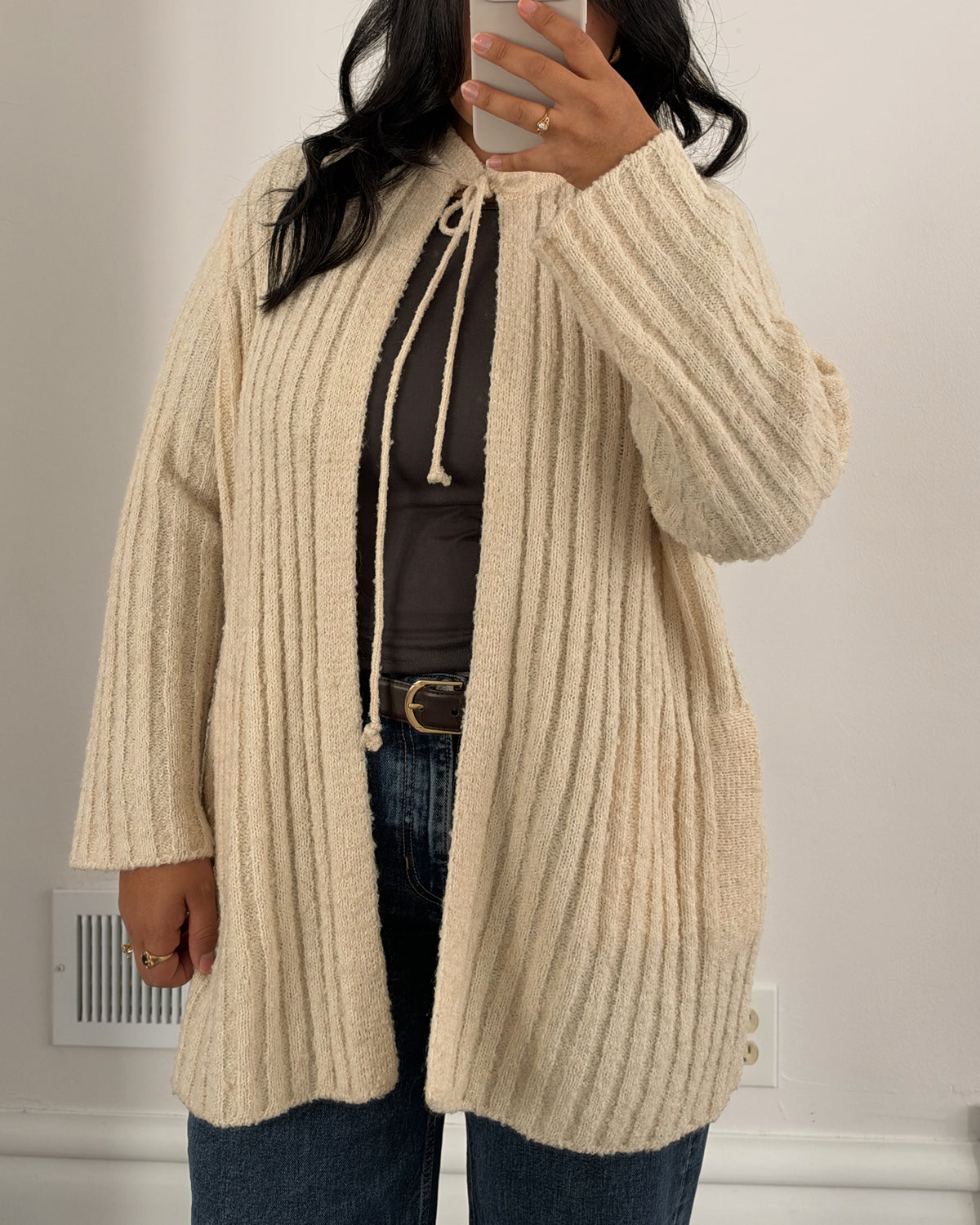 1980 Ribbed Tie Neck Cardigan