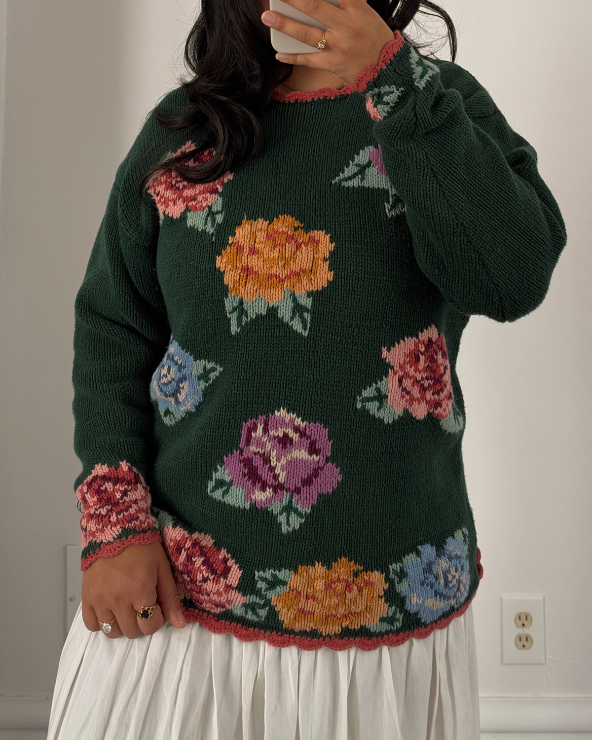 90’s Green Rose Patterned Knitted Sweater