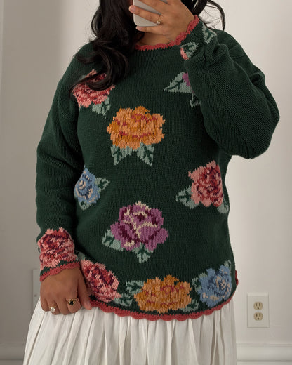 90’s Green Rose Patterned Knitted Sweater