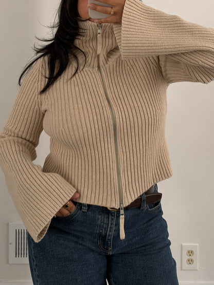Cream Double Zip Bell Sleeve Sweater