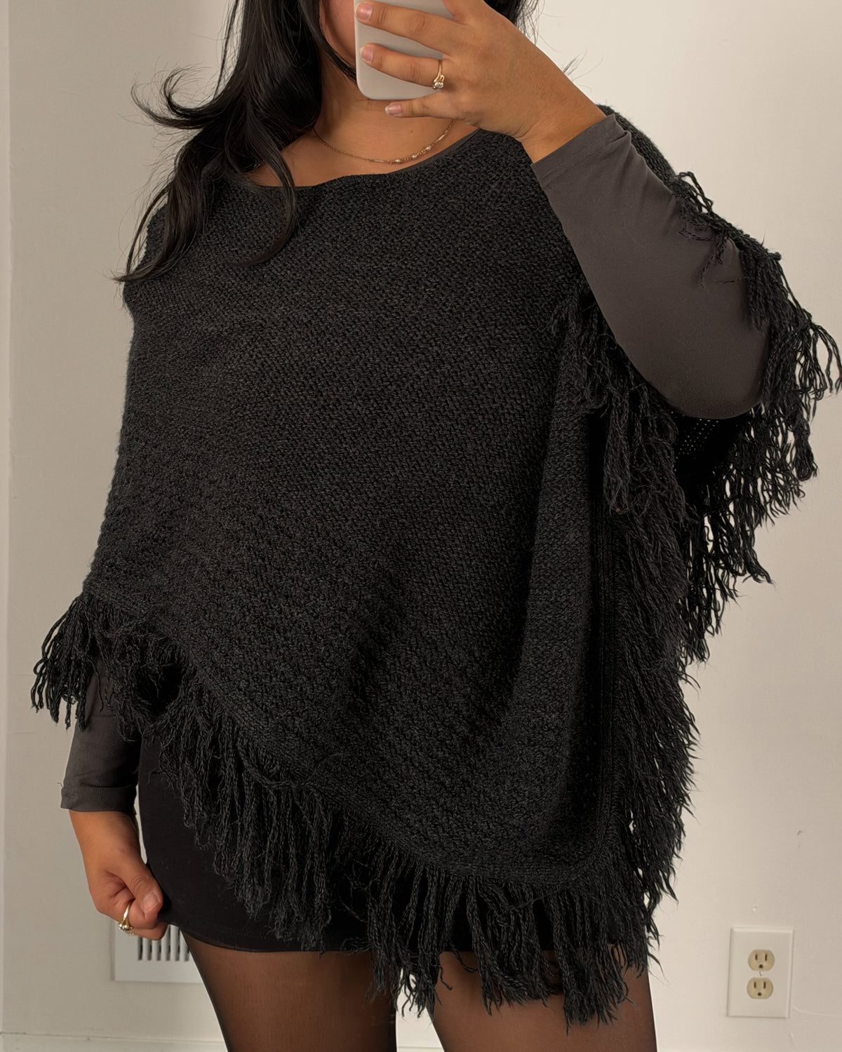 Charcoal Fringe Poncho
