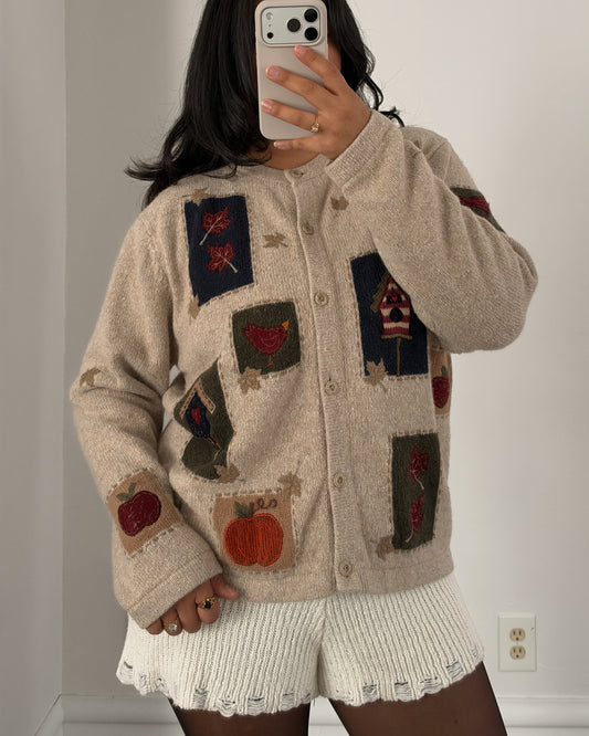 90’s Oatmeal Fall Patch Cardigan