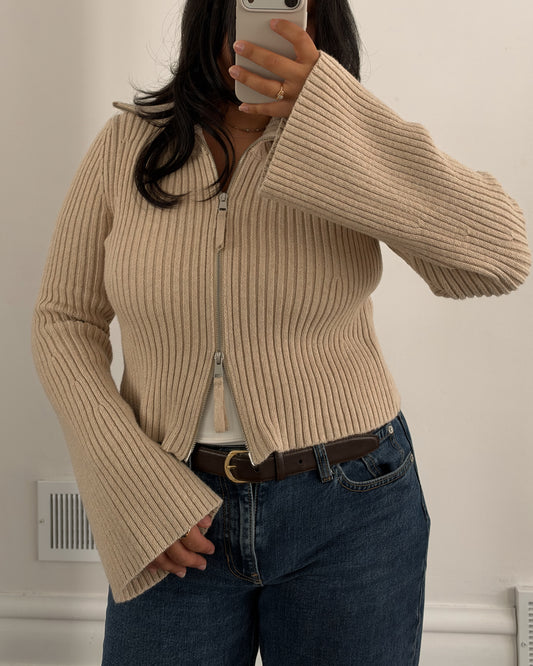 Cream Double Zip Bell Sleeve Sweater