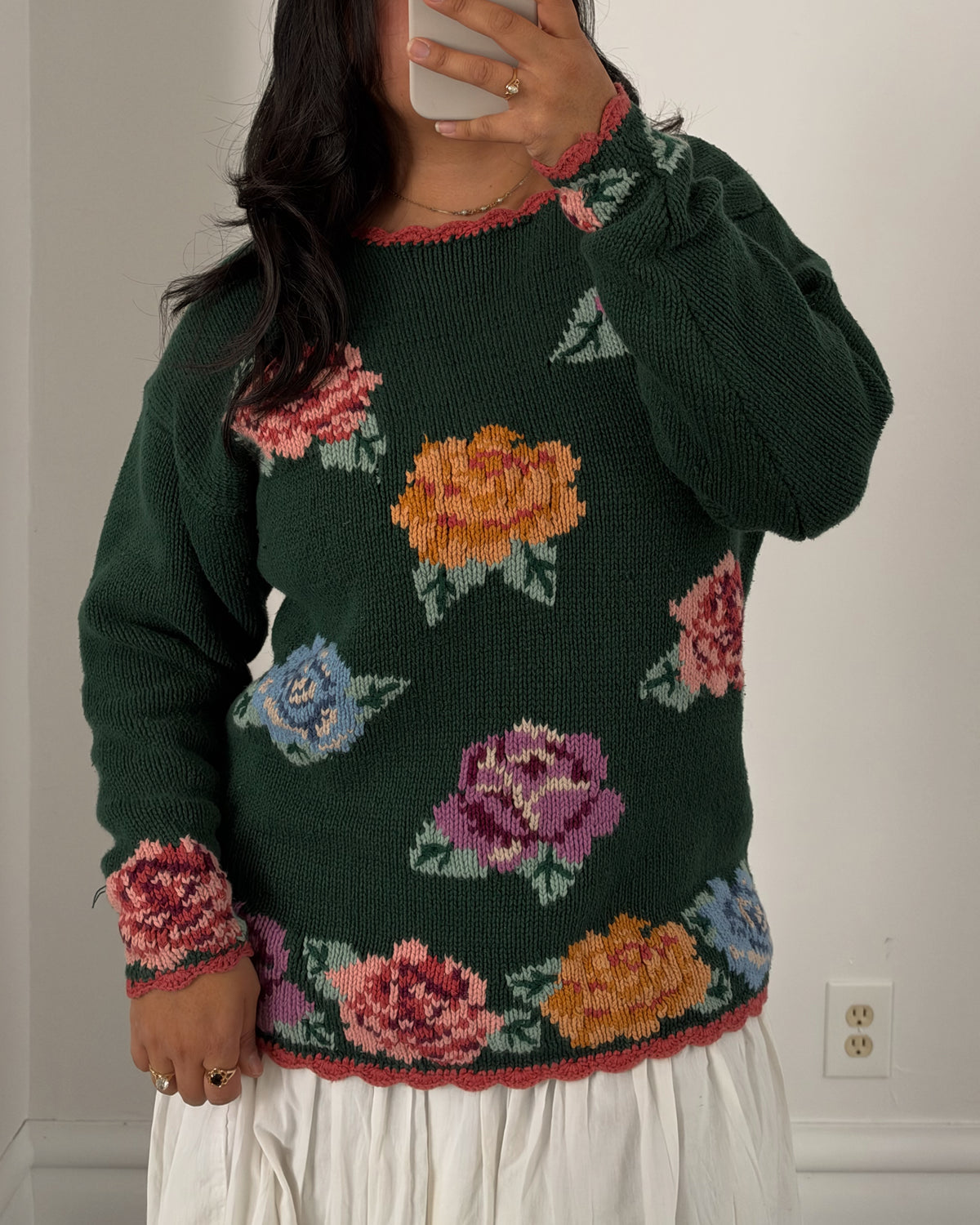 90’s Green Rose Patterned Knitted Sweater