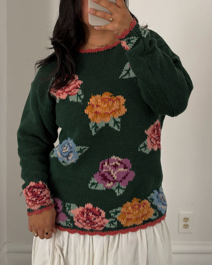 90’s Green Rose Patterned Knitted Sweater