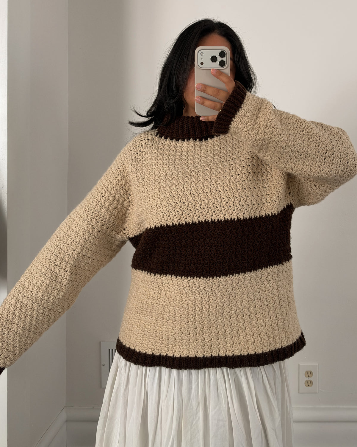 Cream and Brown Chunky Turtle Neck Knit Sweater