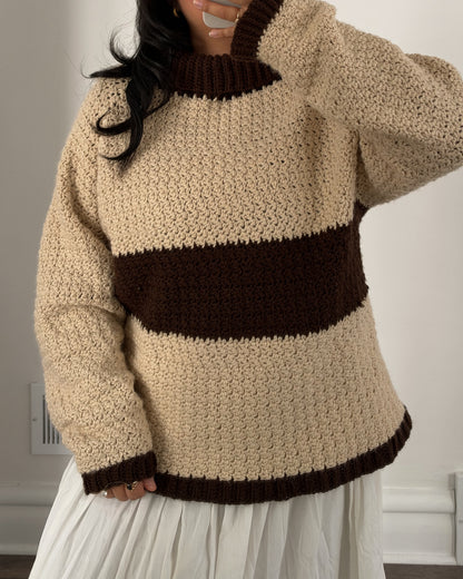Cream and Brown Chunky Turtle Neck Knit Sweater