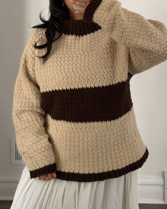 Cream and Brown Chunky Turtle Neck Knit Sweater