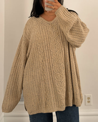 Oatmeal Beige Cable Knit V Neck Sweater