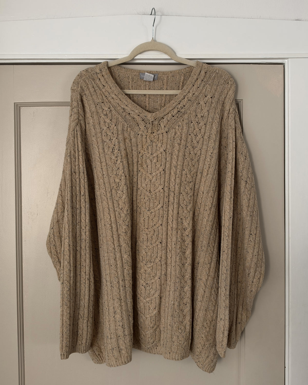 Oatmeal Beige Cable Knit V Neck Sweater
