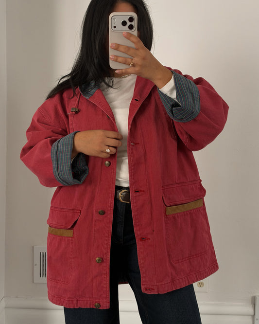 29 - Raspberry Plaid Lined Chore Coat * flaw