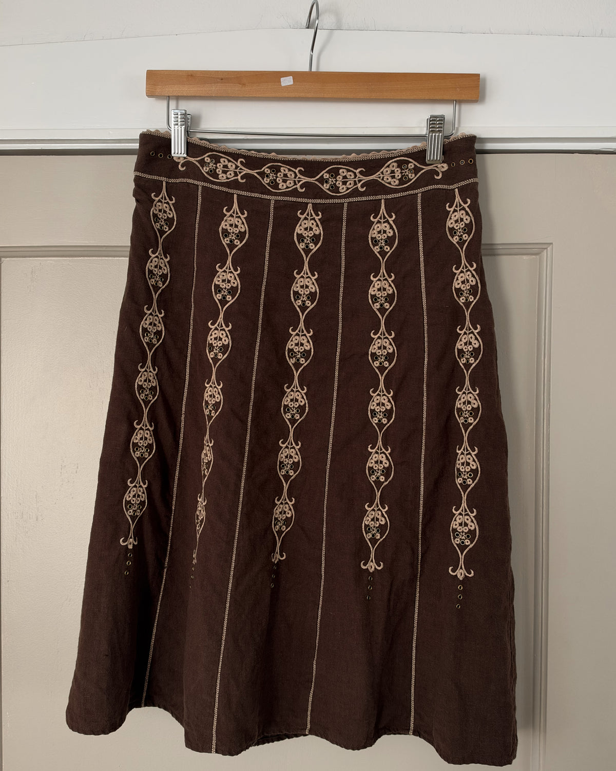 Brown Linen Eyelet Midi Skirt