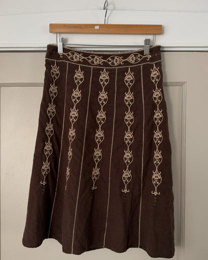 Brown Linen Eyelet Midi Skirt