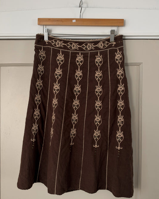 Brown Linen Eyelet Midi Skirt